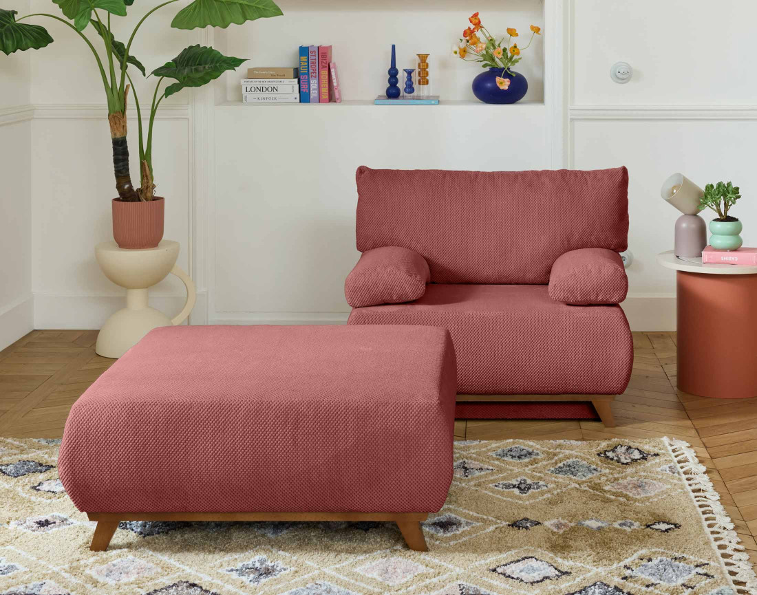 Fauteuil convertible avec coffre et grand pouf en velours texturé Cristal