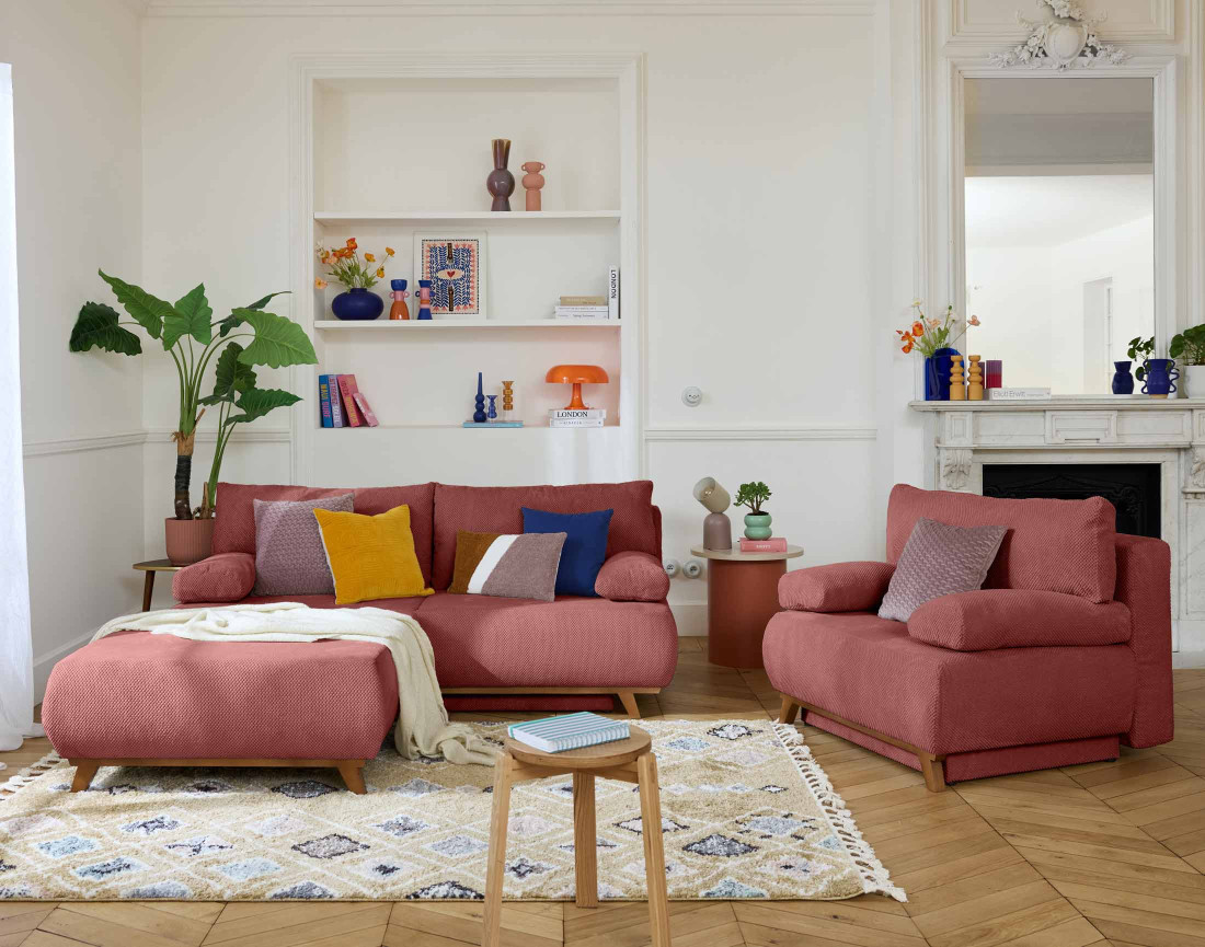 Fauteuil convertible avec coffre et grand pouf en velours texturé Cristal