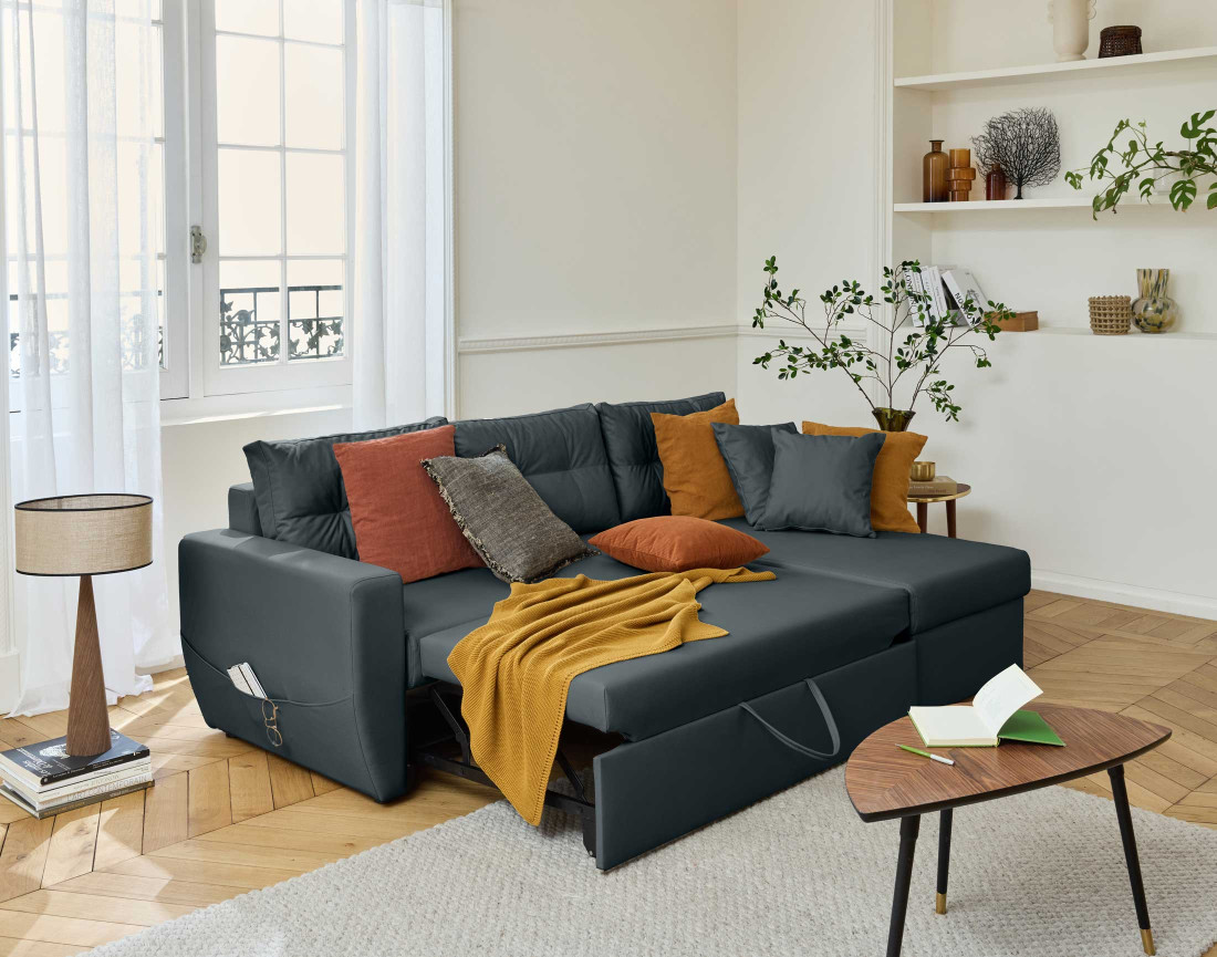 Canapé d'angle réversible 4 places convertible avec coffre en simili Astoria