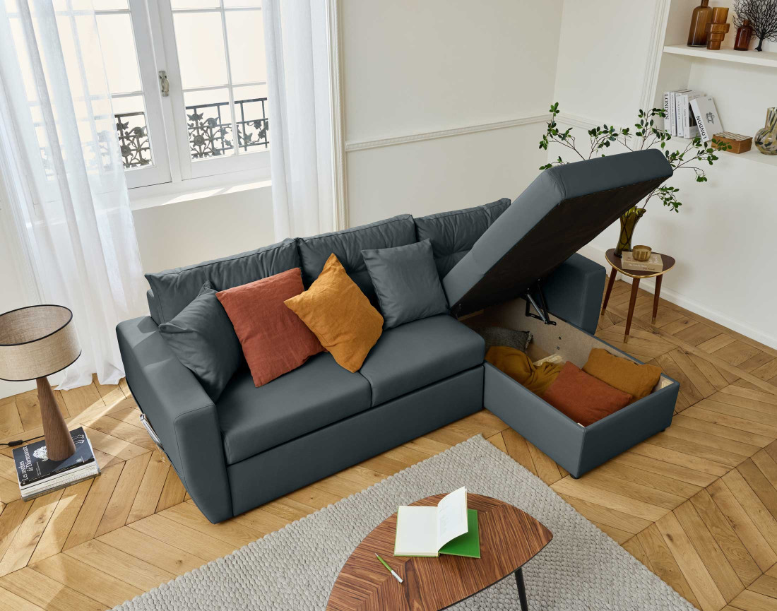 Canapé d'angle réversible 4 places convertible avec coffre en simili Astoria