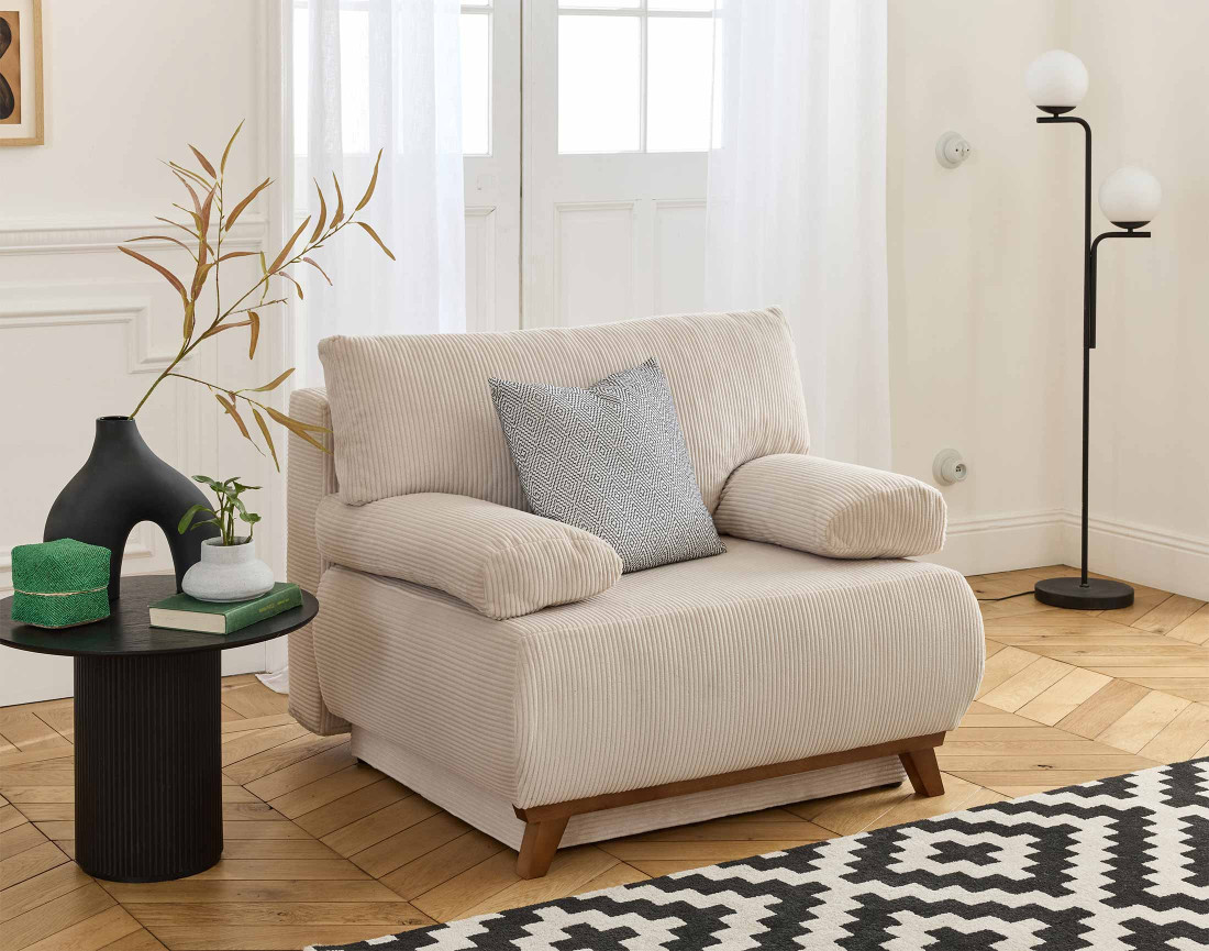 Fauteuil convertible avec coffre en velours côtelé Cristal