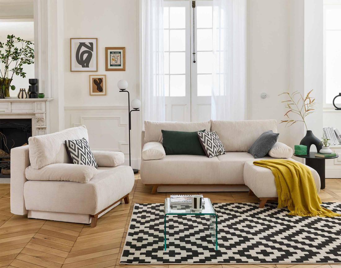 Fauteuil convertible avec coffre en velours côtelé Cristal