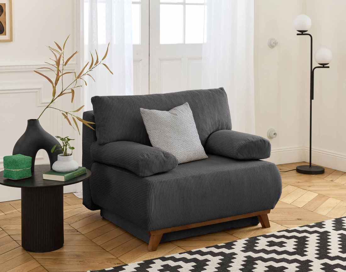 Fauteuil convertible avec coffre en velours côtelé Cristal