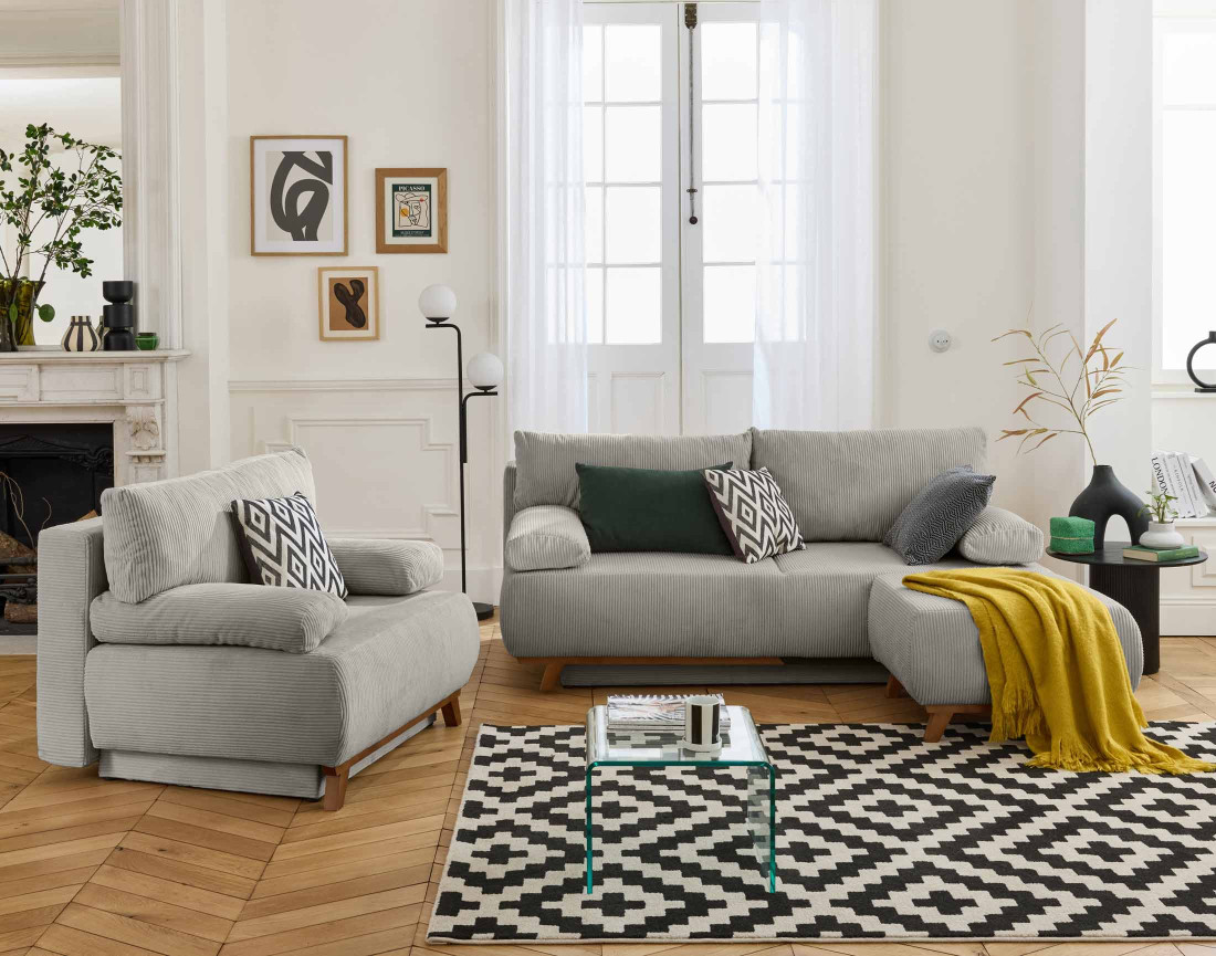 Pouf modulable 65 cm en velours côtelé Cristal