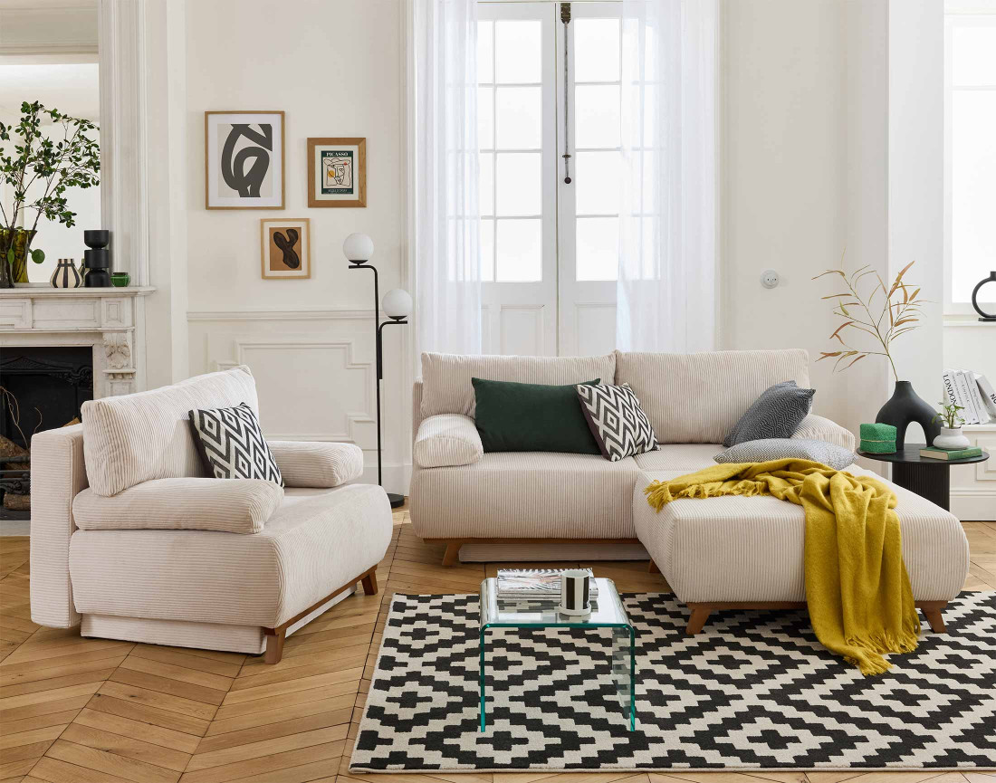 Pouf 95 cm en velours côtelé Cristal
