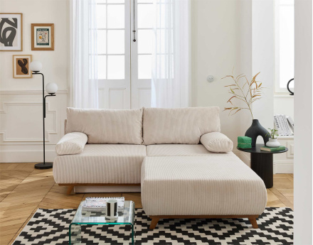 Canapé 3 places convertible avec coffre et grand pouf en velours côtelé Cristal