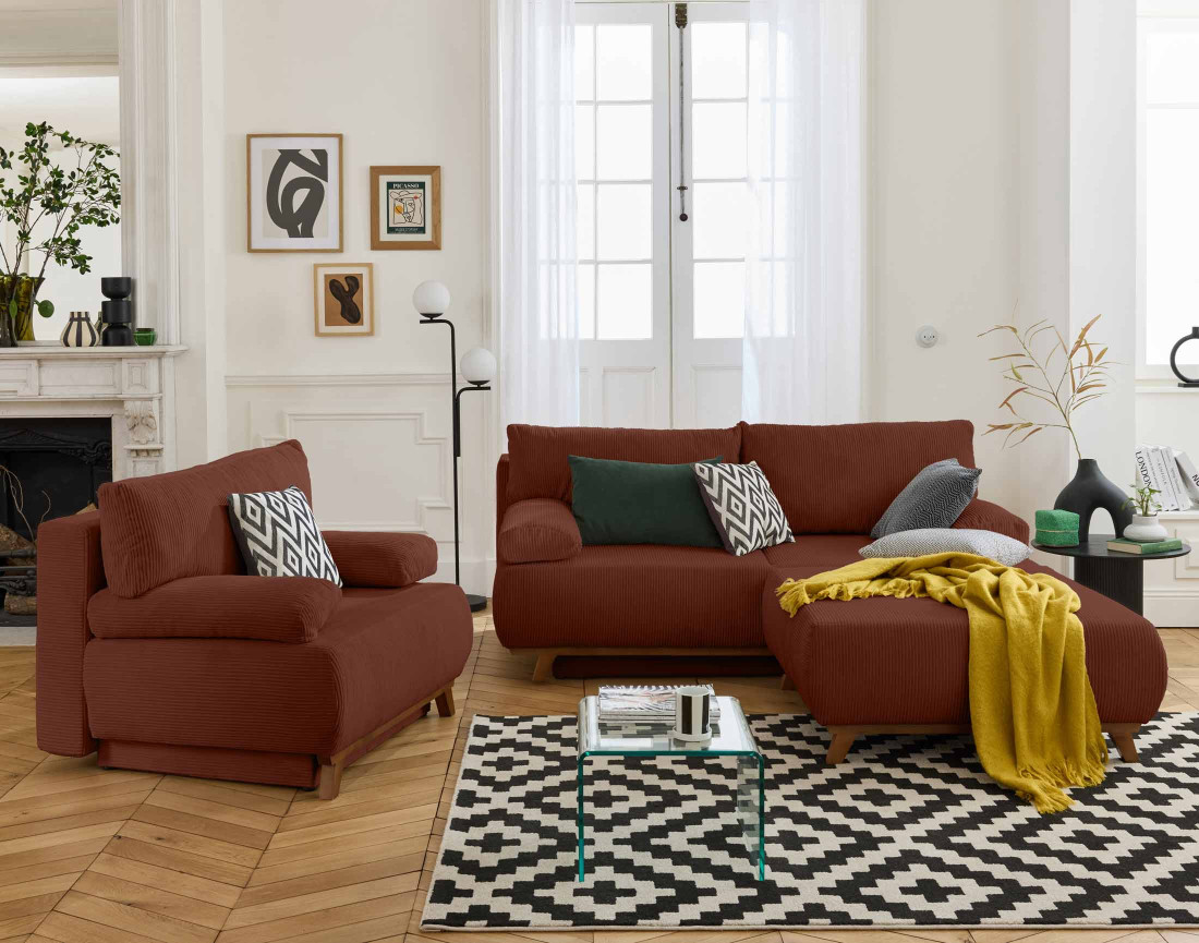 Canapé 3 places convertible avec coffre et grand pouf en velours côtelé Cristal