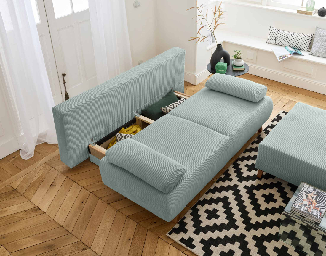 Canapé 3 places convertible avec coffre et grand pouf en velours côtelé Cristal