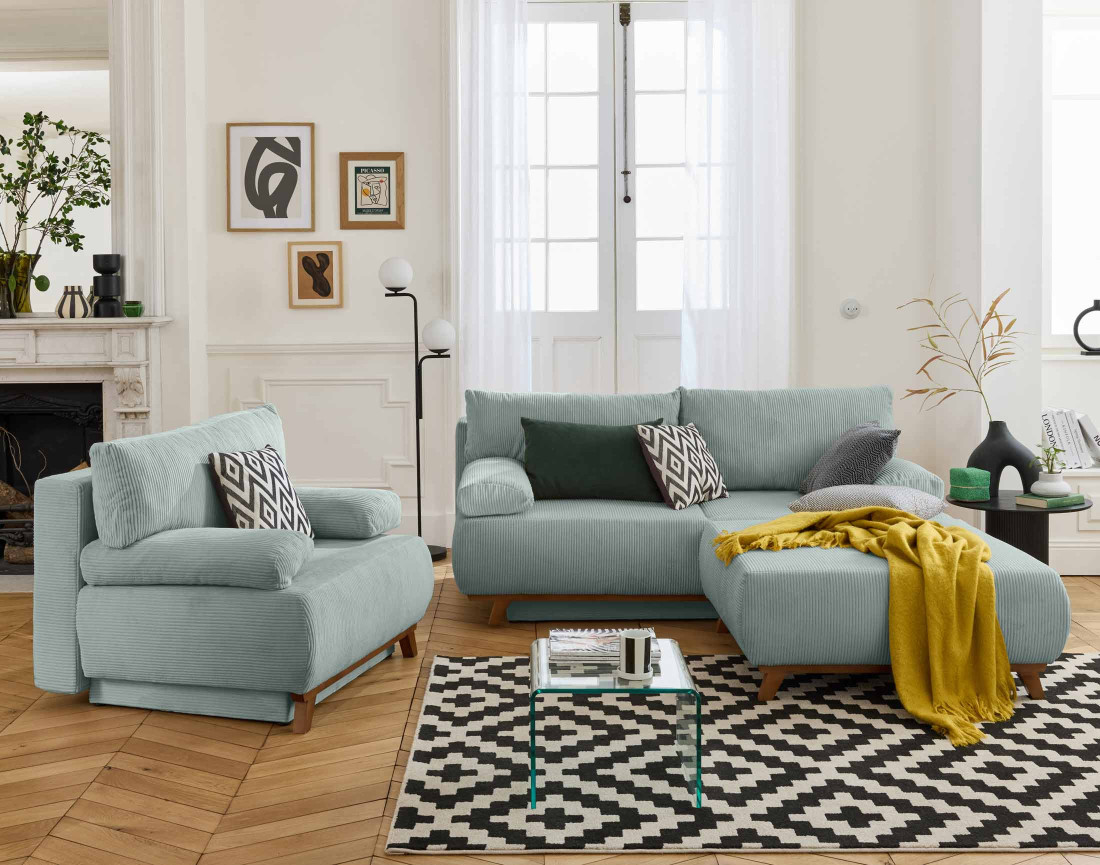 Canapé 3 places convertible avec coffre et grand pouf en velours côtelé Cristal