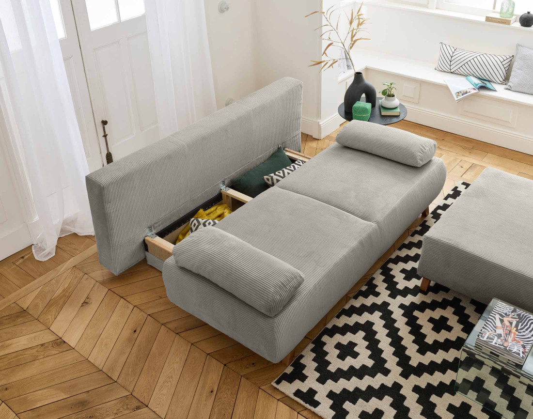 Canapé 3 places convertible avec coffre et grand pouf en velours côtelé Cristal