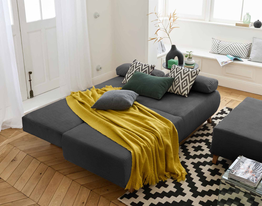 Canapé 3 places convertible avec coffre et grand pouf en velours côtelé Cristal