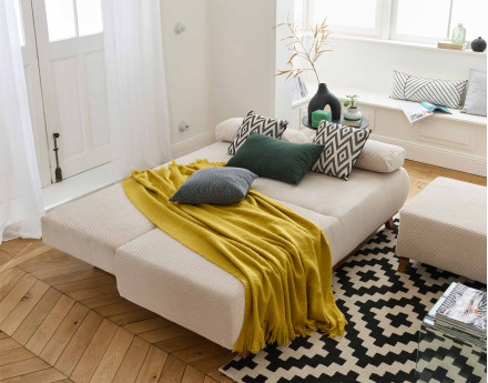 Canapé 3 places convertible avec coffre et pouf en velours côtelé Cristal