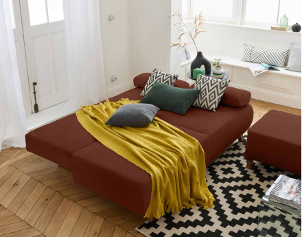 Canapé 3 places convertible avec coffre et pouf en velours côtelé Cristal