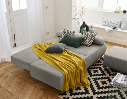 Canapé 3 places convertible avec coffre et pouf en velours côtelé Cristal