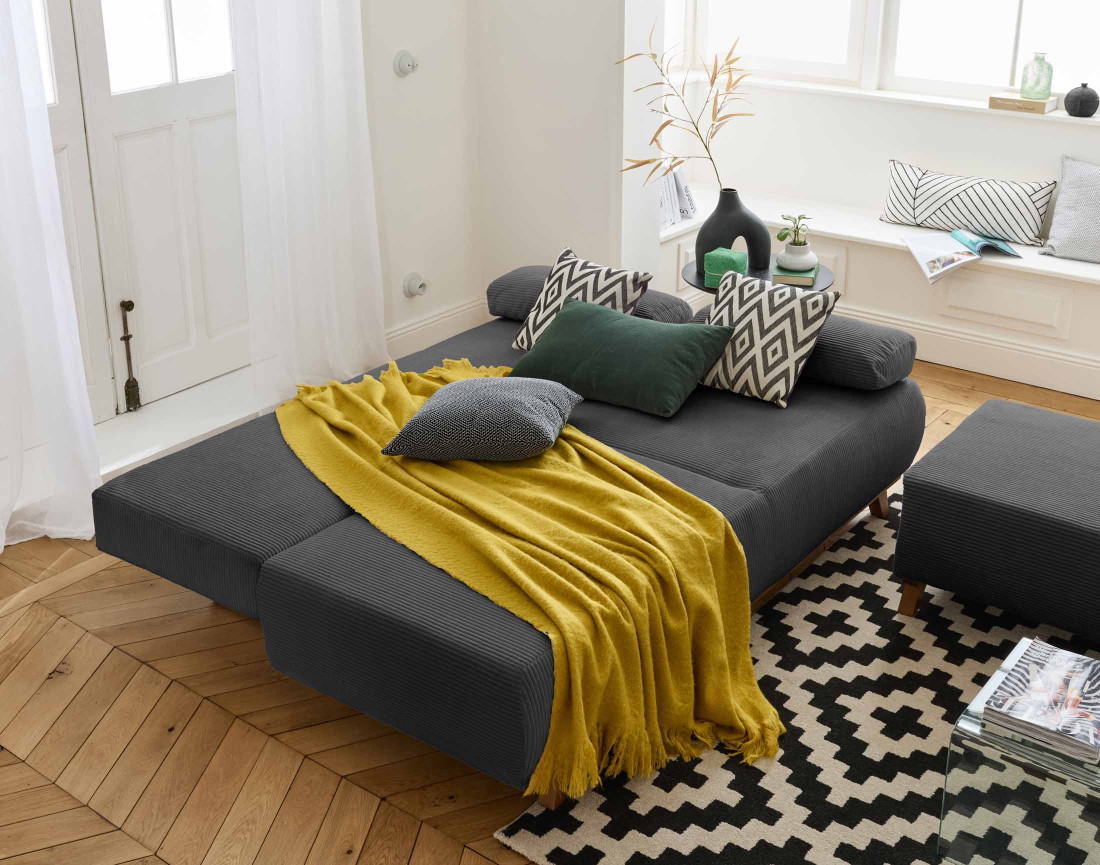 Canapé 3 places convertible avec coffre et pouf en velours côtelé Cristal