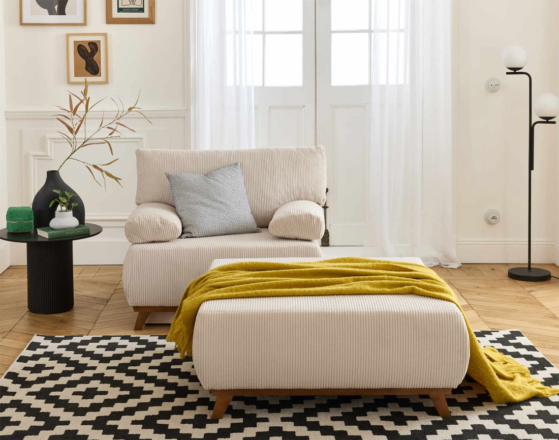 Fauteuil convertible avec coffre et grand pouf en velours côtelé Cristal