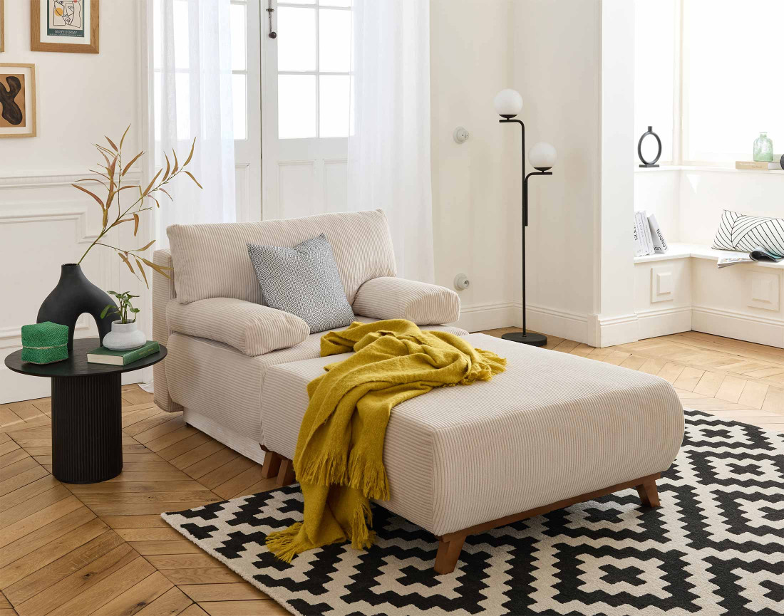 Fauteuil convertible avec coffre et grand pouf en velours côtelé Cristal