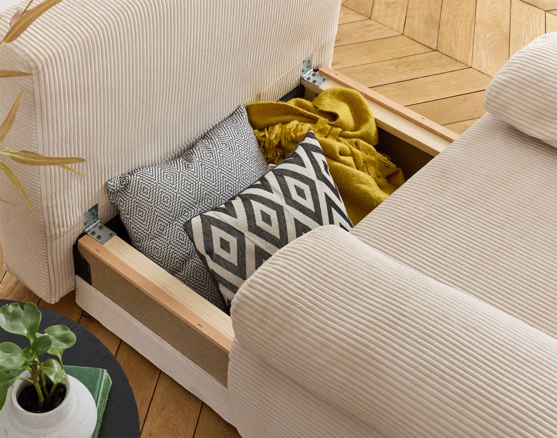 Fauteuil convertible avec coffre et grand pouf en velours côtelé Cristal