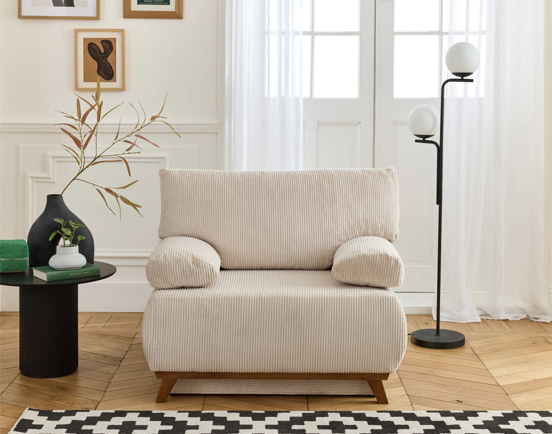 Fauteuil convertible avec coffre et grand pouf en velours côtelé Cristal