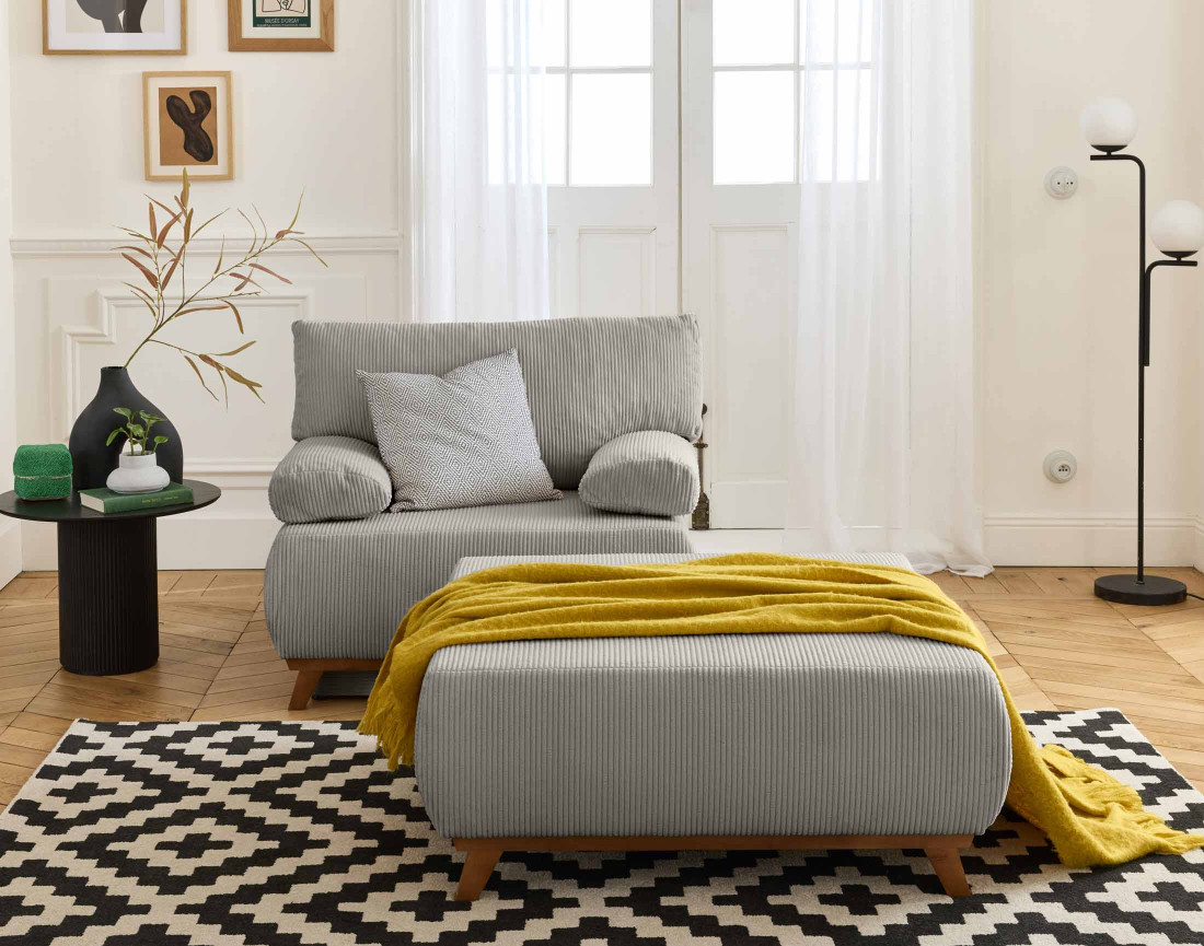 Fauteuil convertible avec coffre et grand pouf en velours côtelé Cristal