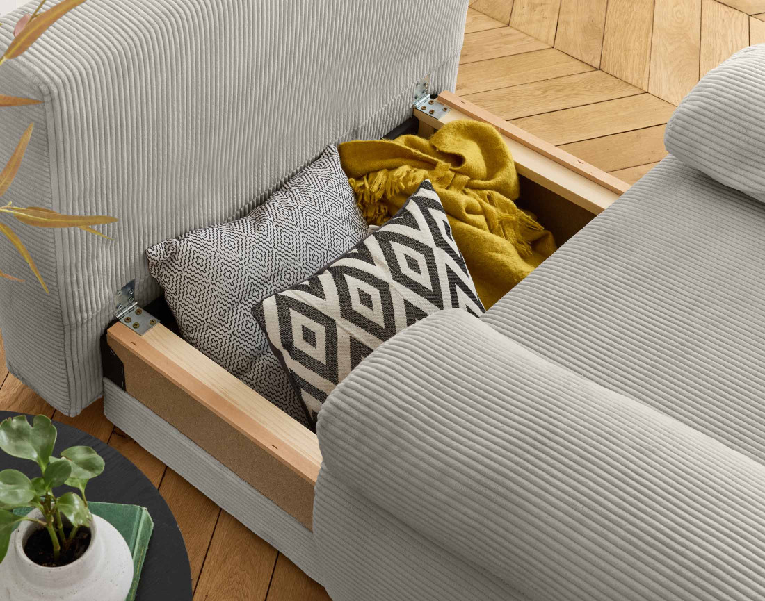 Fauteuil convertible avec coffre et grand pouf en velours côtelé Cristal