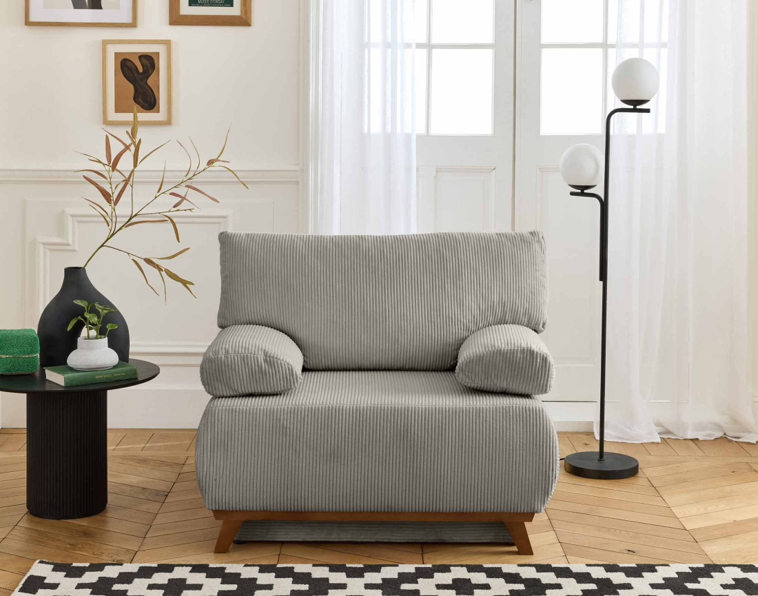 Fauteuil convertible avec coffre et grand pouf en velours côtelé Cristal