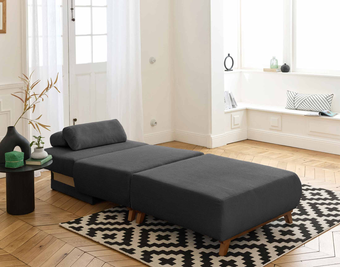 Fauteuil convertible avec coffre et grand pouf en velours côtelé Cristal