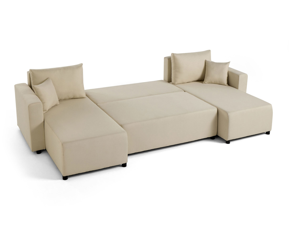Canapé panoramique 7 places convertible avec coffre en tissu Regala