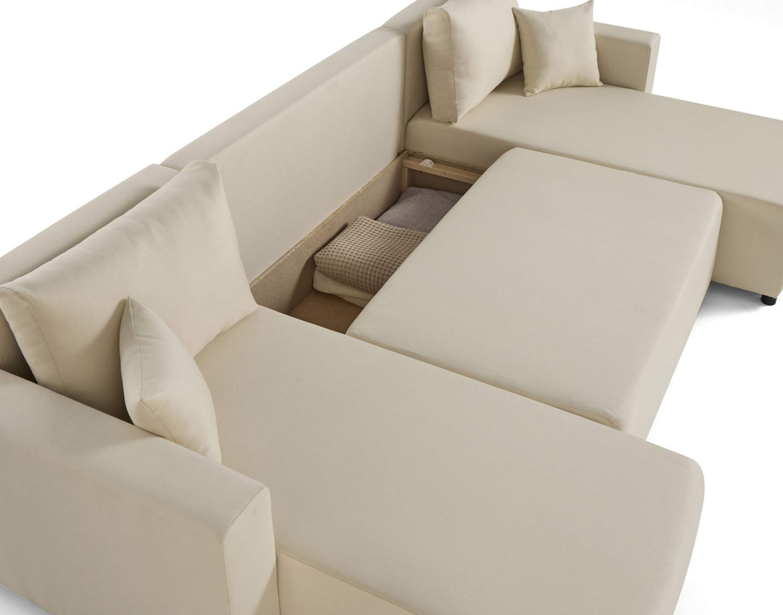 Canapé panoramique 7 places convertible avec coffre en tissu Regala