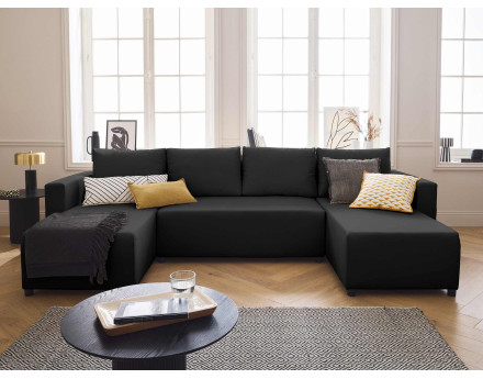 Canapé panoramique 7 places convertible avec coffre en tissu Regala