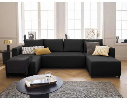 Canapé panoramique 7 places convertible avec coffre en tissu Regala