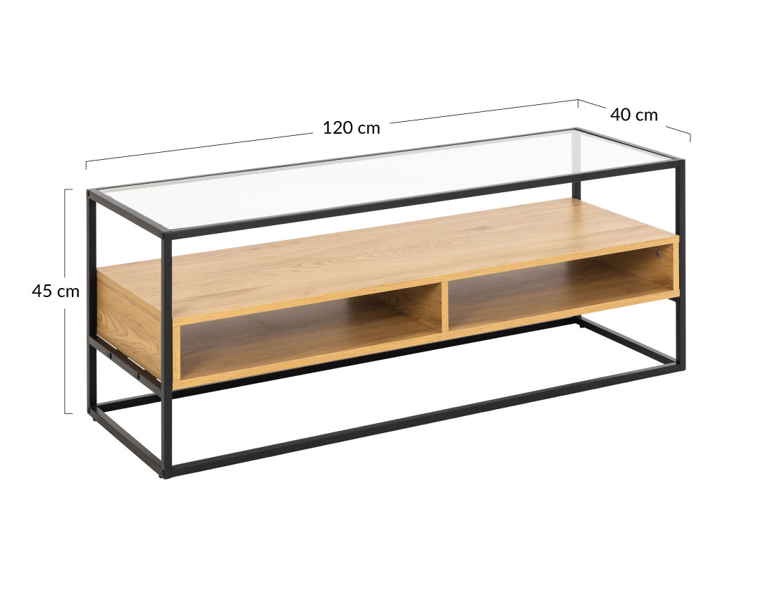 Meuble TV en bois, verre et métal noir 120 cm Parker