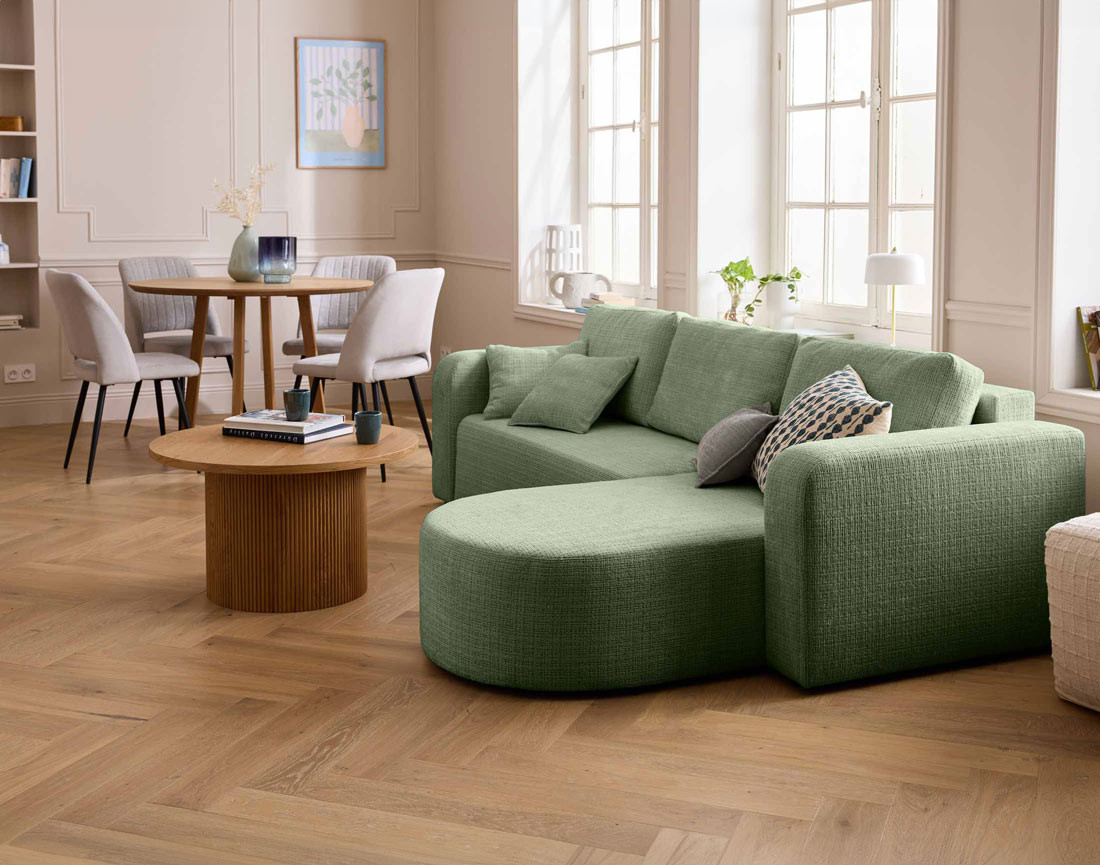 Canapé d'angle réversible 4 places convertible avec coffre en velours texturé Miro