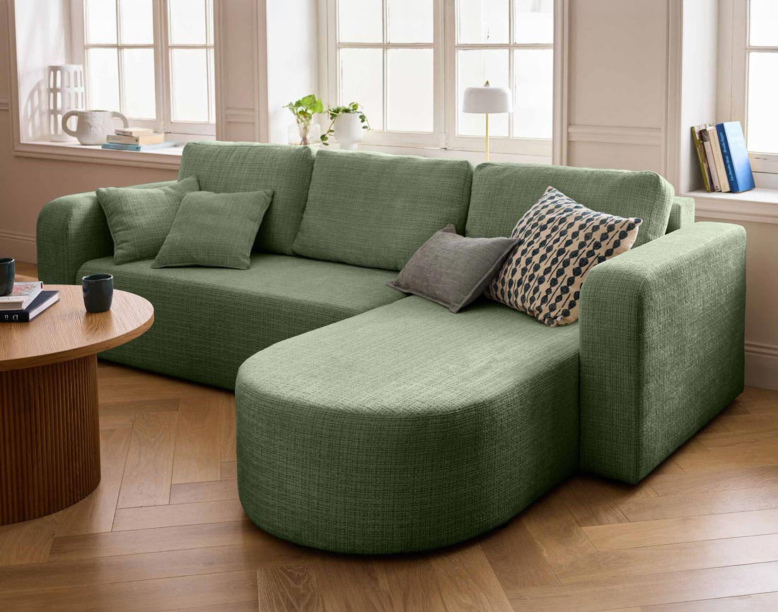 Canapé d'angle réversible 4 places convertible avec coffre en velours texturé Miro