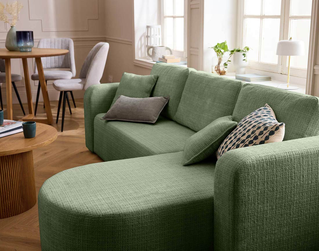 Canapé d'angle réversible 4 places convertible avec coffre en velours texturé Miro