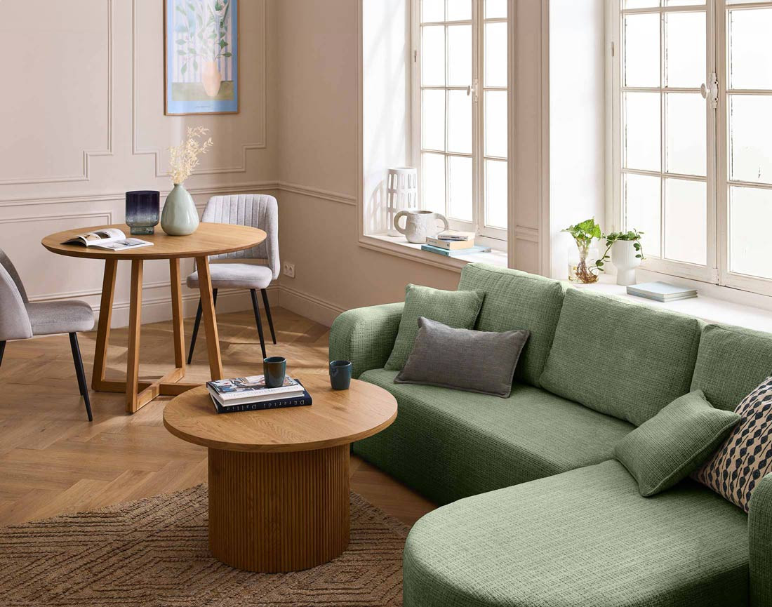 Canapé d'angle réversible 4 places convertible avec coffre en velours texturé Miro