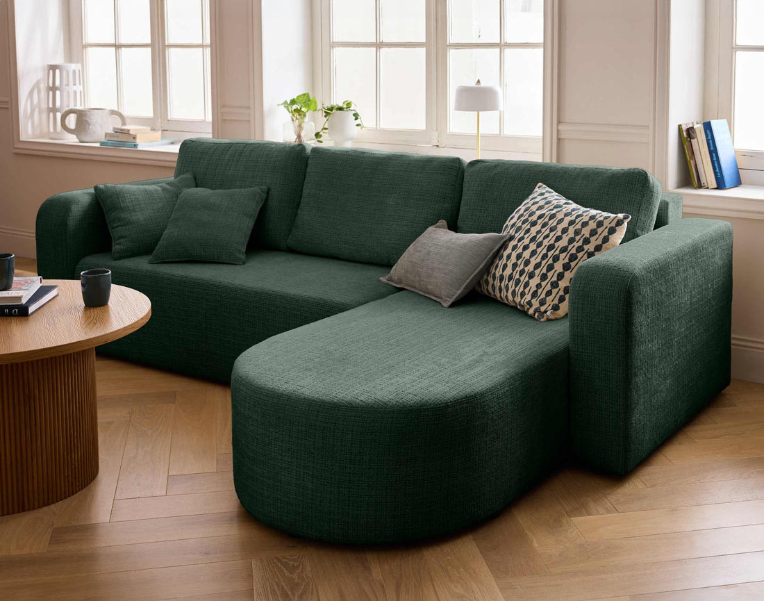 Canapé d'angle réversible 4 places convertible avec coffre en velours texturé Miro