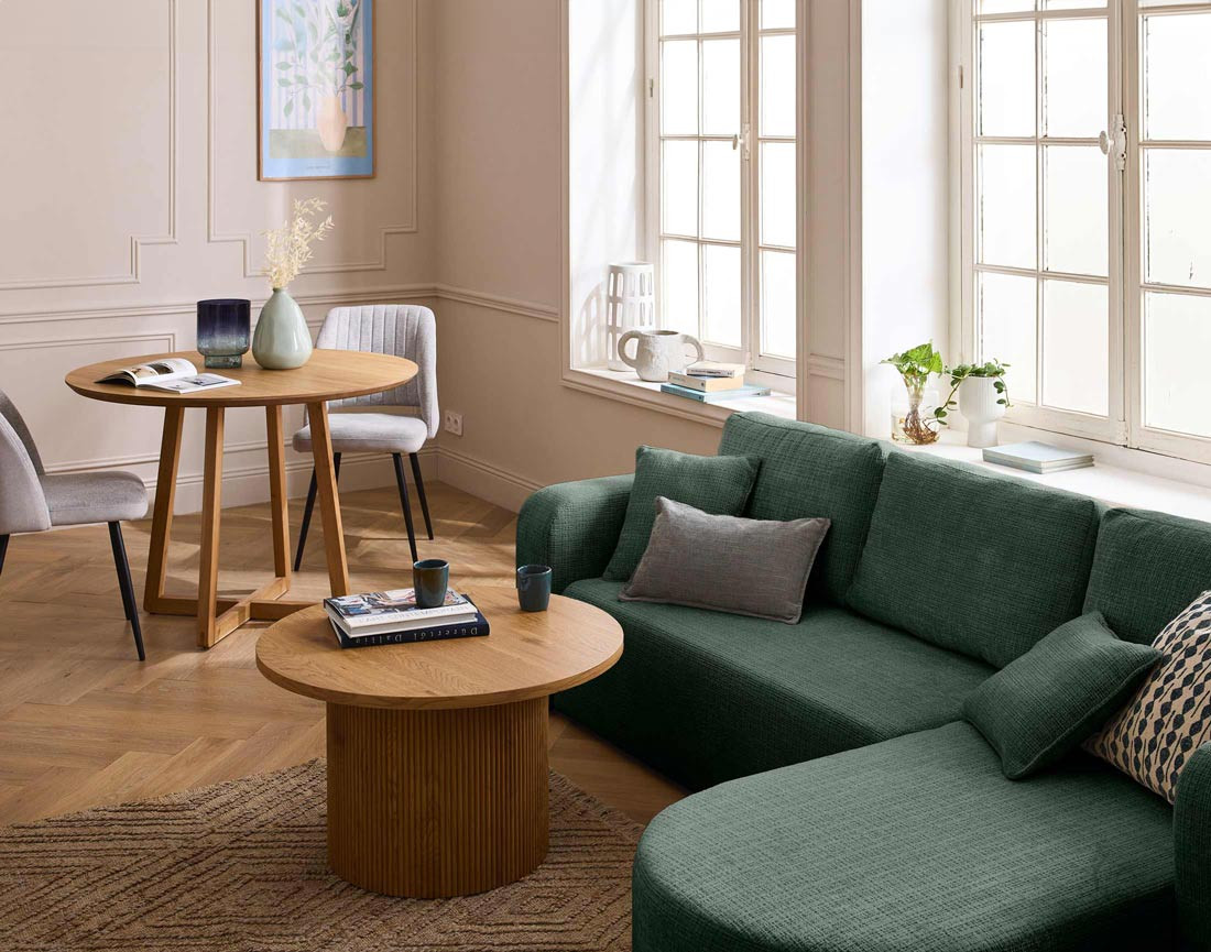 Canapé d'angle réversible 4 places convertible avec coffre en velours texturé Miro