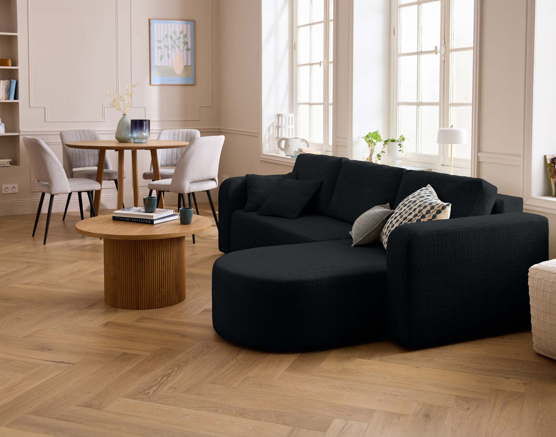 Canapé d'angle réversible 4 places convertible avec coffre en velours texturé Miro