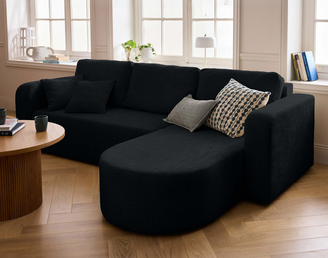 Canapé d'angle réversible 4 places convertible avec coffre en velours texturé Miro