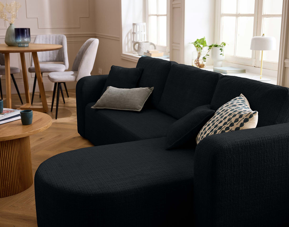 Canapé d'angle réversible 4 places convertible avec coffre en velours texturé Miro