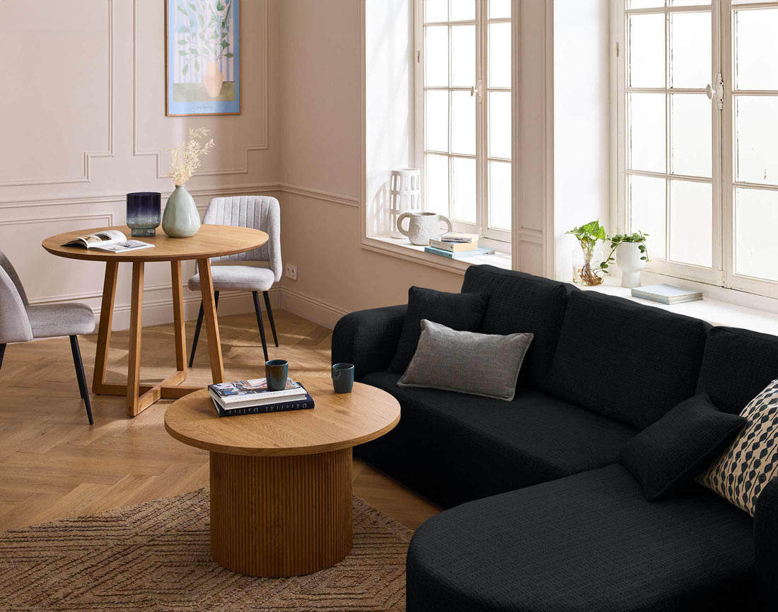 Canapé d'angle réversible 4 places convertible avec coffre en velours texturé Miro