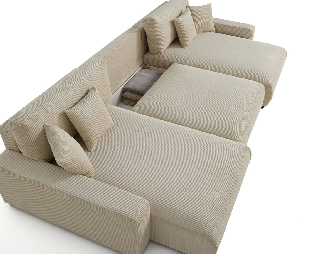 Canapé panoramique en U 7 places convertible avec coffre en velours côtelé Pivoine