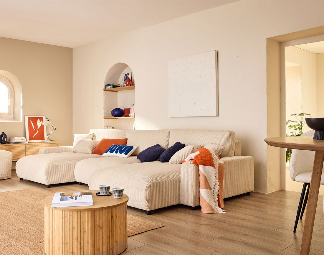 Canapé panoramique en U 7 places convertible avec coffre en velours côtelé Pivoine