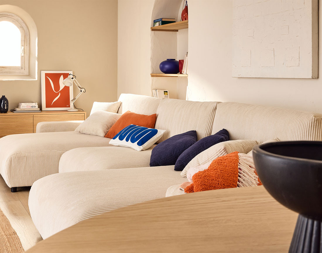 Canapé panoramique en U 7 places convertible avec coffre en velours côtelé Pivoine