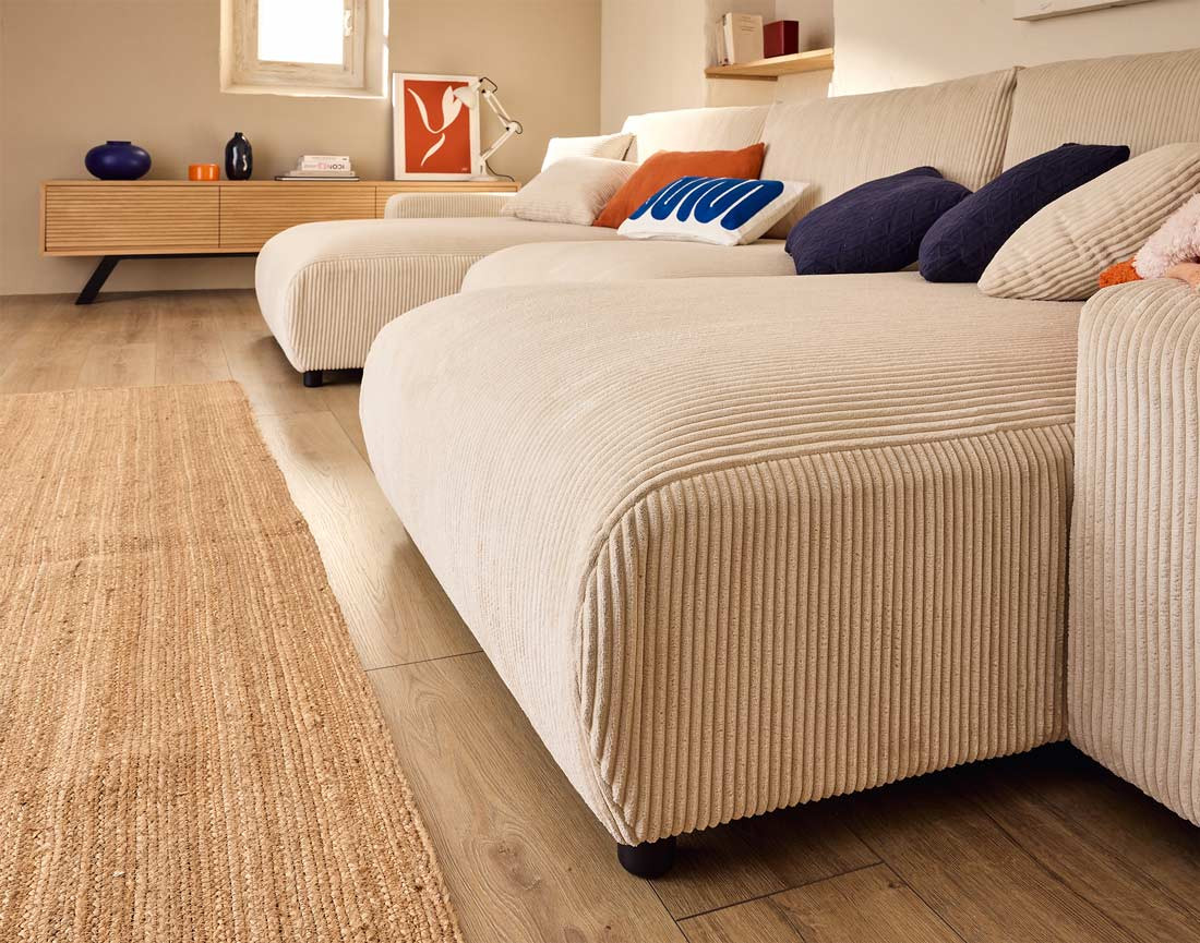 Canapé panoramique en U 7 places convertible avec coffre en velours côtelé Pivoine