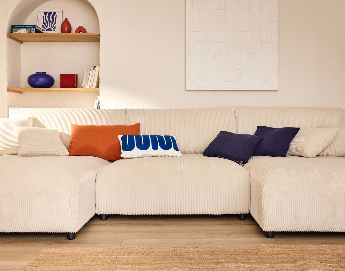 Canapé panoramique en U 7 places convertible avec coffre en velours côtelé Pivoine