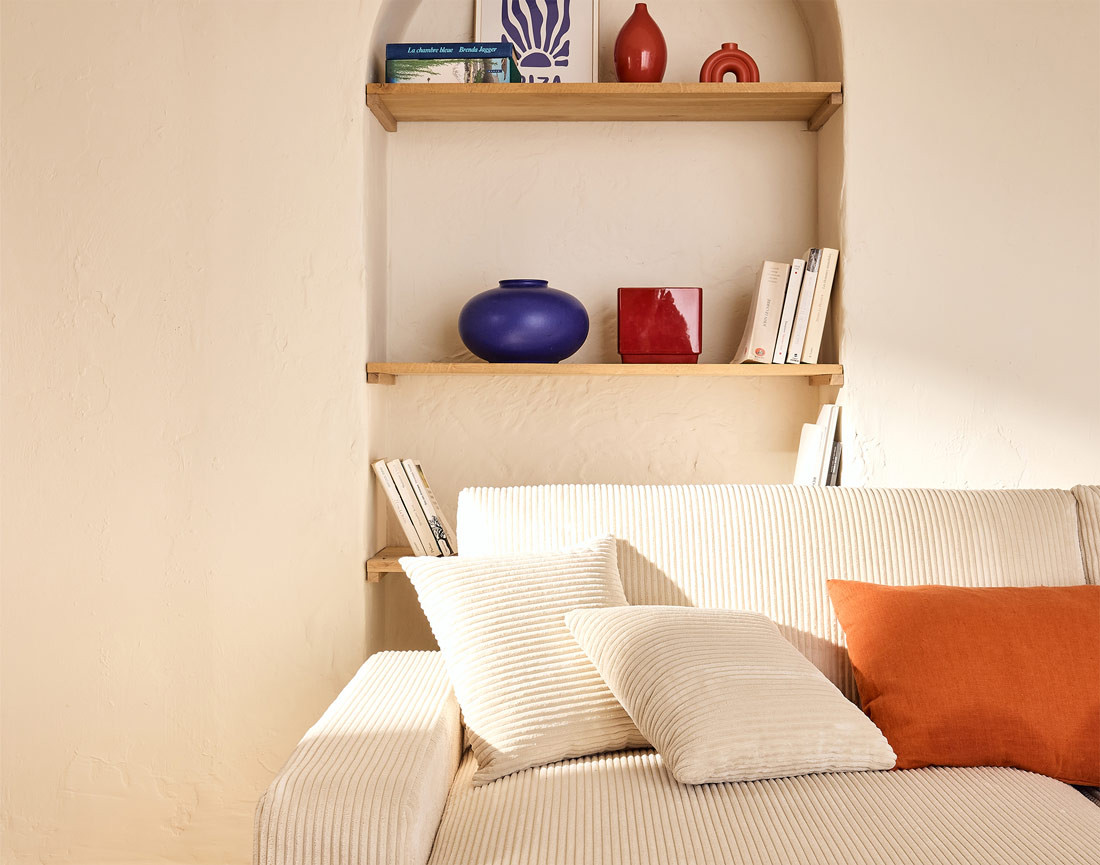 Canapé panoramique en U 7 places convertible avec coffre en velours côtelé Pivoine