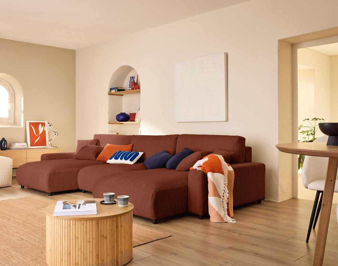 Canapé panoramique en U 7 places convertible avec coffre en velours côtelé Pivoine