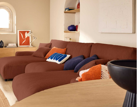 Canapé panoramique en U 7 places convertible avec coffre en velours côtelé Pivoine